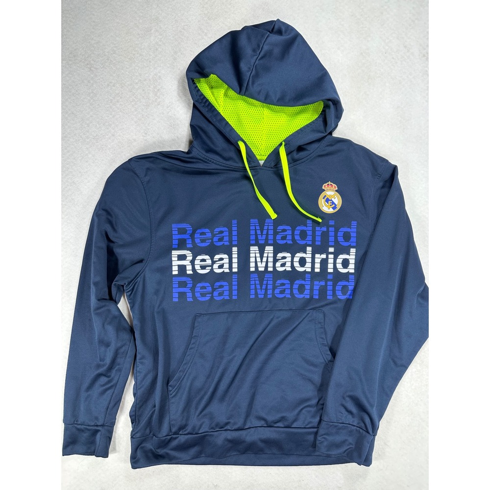 Real Madrid CF Mens Navy Blue Neon Yellow Hooded Sweatshirt Hoodie Size Medium